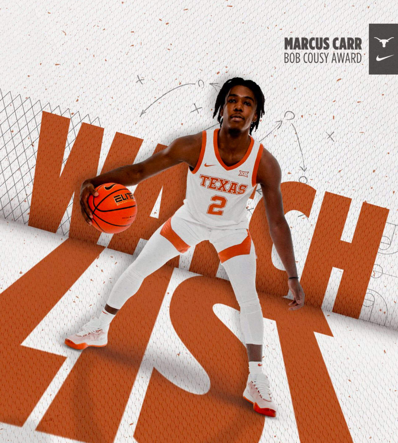 Athlete wearing Texas basketball uniform with Nike logo, holding basketball on orange and white court.